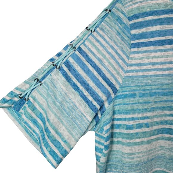 Gloria Vanderbilt Stripe Top Blue Green XXL Pullover Lace Up Sleeve Short Sleeve - Picture 4 of 7